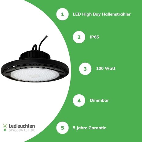 LCB LED-Beleuchtung Innovatives Design, hochwertige Technik & schnelle Lieferung! LED UFO Hallenstrahler dimmbar - High Bay Hallenleuchte IP65 - 100W 15000 Lumen |  5 Jahre Garantie - Lichtfarbe wählbar