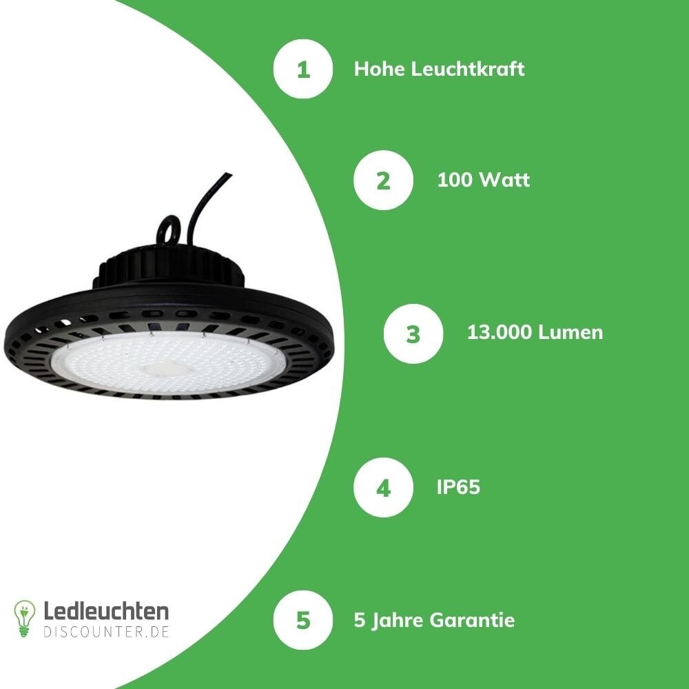 LCB LED-Beleuchtung Innovatives Design, hochwertige Technik & schnelle Lieferung! LED UFO Hallenstrahler - High Bay Hallenleuchte IP65 - 100W 15000 Lumen - 6000K 865 TagesLicht Weiss | 5Jahre Garantie