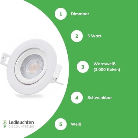 LCB LED-Beleuchtung Innovatives Design, hochwertige Technik & schnelle Lieferung! LED Einbaustrahler 90mm - 5W 480Lm - 3000K 830 Warmweiß | Lochmass 70mm - Schwenkbar | Triac Dimmbar - entspricht 50W LCB LED-Beleuchtung Innovatives Design, hochwertige Technik & schnelle Lieferung! LED Einbaustrahler 90mm - 5W 480Lm - 3000K 830 Warmweiß | Lochmass 70mm - Schwenkbar | Triac Dimmbar - entspricht 50W