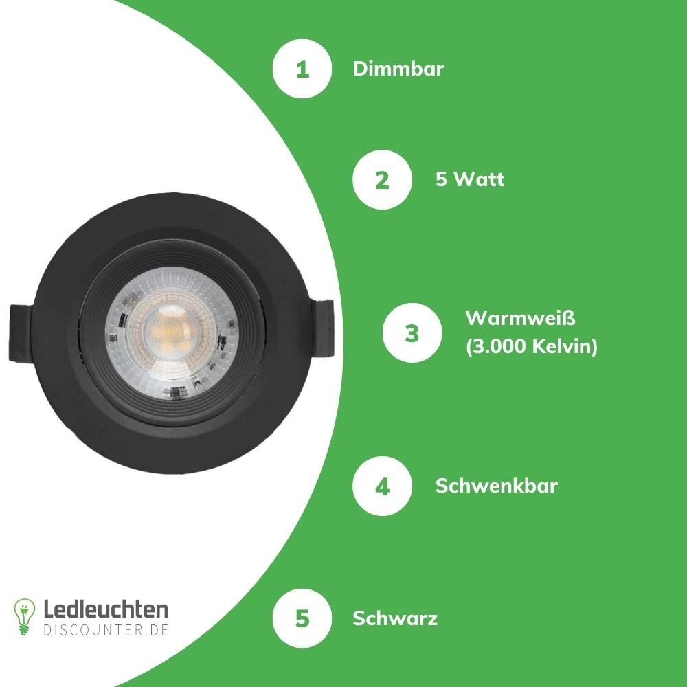 LCB LED-Beleuchtung Innovatives Design, hochwertige Technik & schnelle Lieferung! LED Einbauspot dimmbar - 5W entspricht 50W - 3000K Warmweiß - schwenkbar - Schwarz