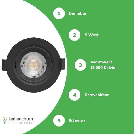 LCB LED-Beleuchtung Innovatives Design, hochwertige Technik & schnelle Lieferung! LED Einbauspot dimmbar - 5W entspricht 50W - 3000K Warmweiß - schwenkbar - Schwarz