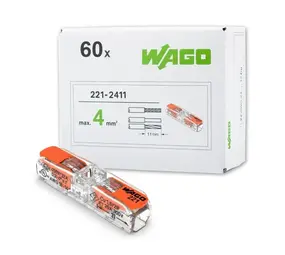 WAGO Durchgangsklemme transparent 1-polig - 0,2 bis 4mm Drähte 221-2411 - 60 Stück WAGO Durchgangsklemme transparent 1-polig - 0,2 bis 4mm Drähte 221-2411 - 60 Stück