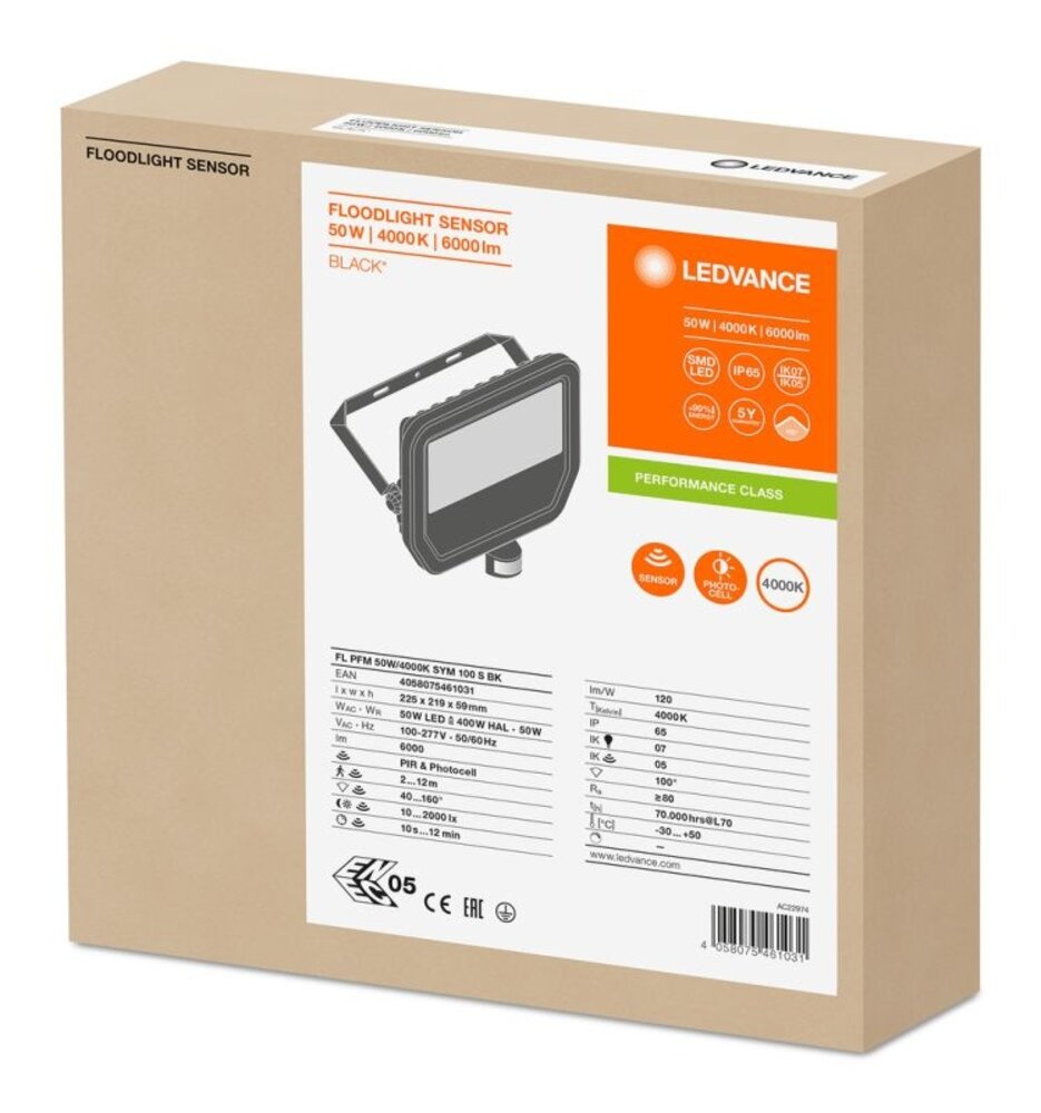 Ledvance Led-Scheinwerfer Aluminium Schwarz 41W 6000lm 100D - 840 Kaltweiß | IP65 - Bewegungs- Und Lichtsensor - Symmetrisch