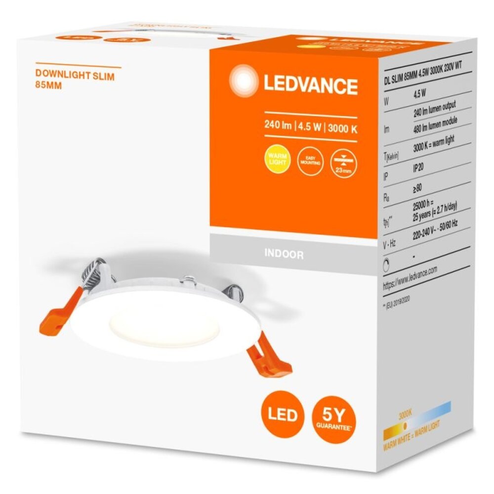 Ledvance LED Downlight Slim Recess Weiß 4.5W 240lm 110D - 865 Tageslichtweiß | 85mm - Ausschnitt 72mm