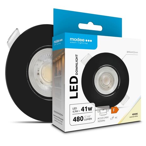 Modee Lighting LED inbouwspot Zwart- 4,9W vervangt 41W - 480lm - 4000K - Kantelbaar - Niet Dimbaar - D90xH22mm
