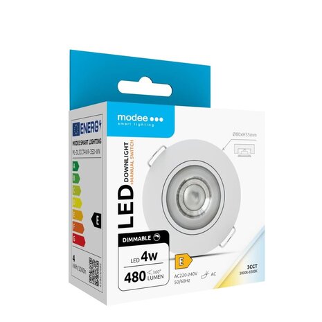 Modee Lighting LED-Einbaustrahler - Weiß - 4W - 3CCT - 3000K/4000K/6500K - 480lm - IP44 - 80mm - Schwenkbar - Dimmbar | Ausschnittgröße 68mm