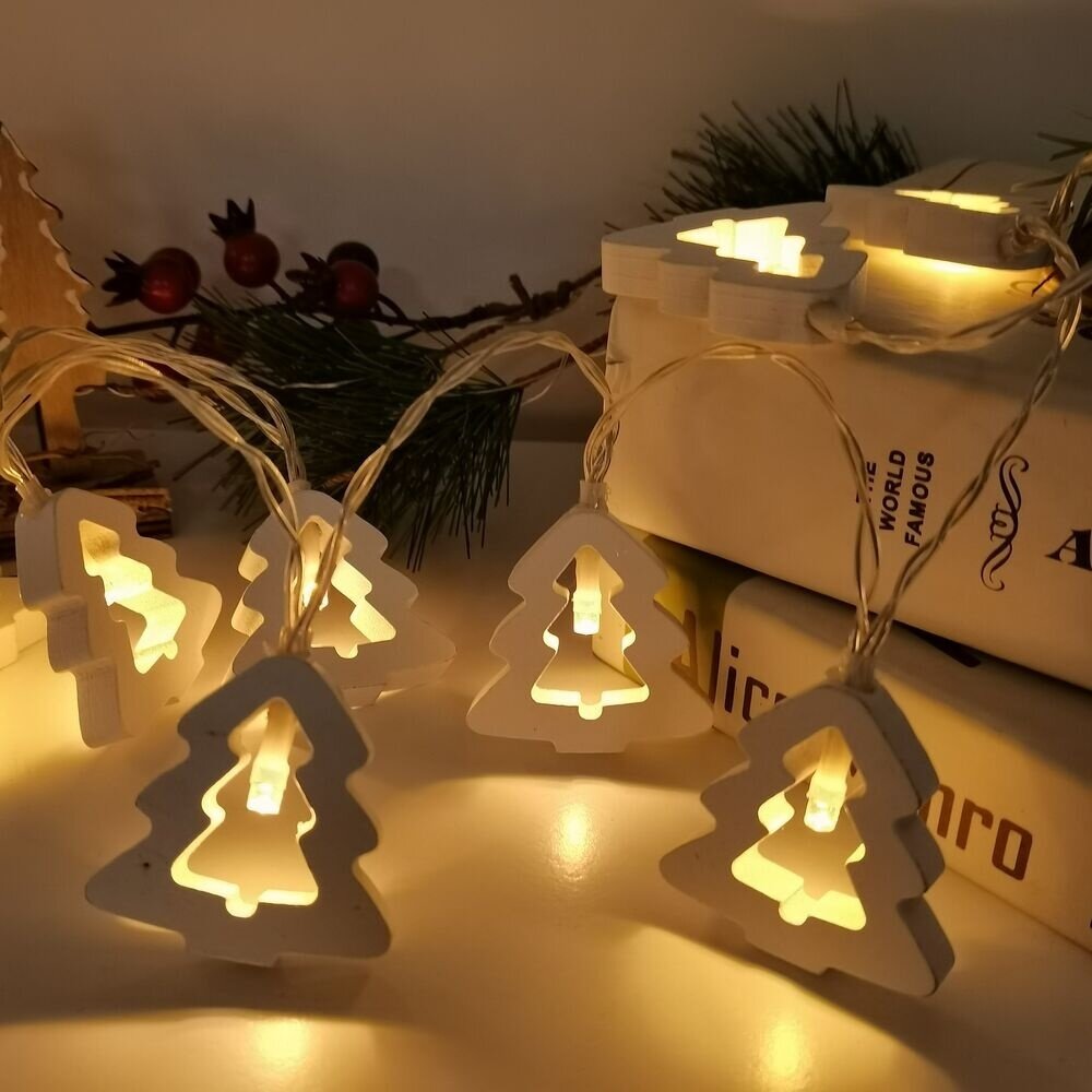 Modee Lighting Weihnachtslichterkette mit weißen Weihnachtsbäumen - 1,2 Meter - 10 LEDs - Batteriebetrieben