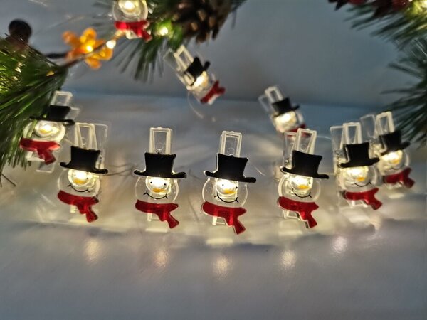 Modee Lighting Weihnachts-Schneemann-Lichterkette mit LED-Clips - 1,2 Meter - 10 LEDs - Warmweiß