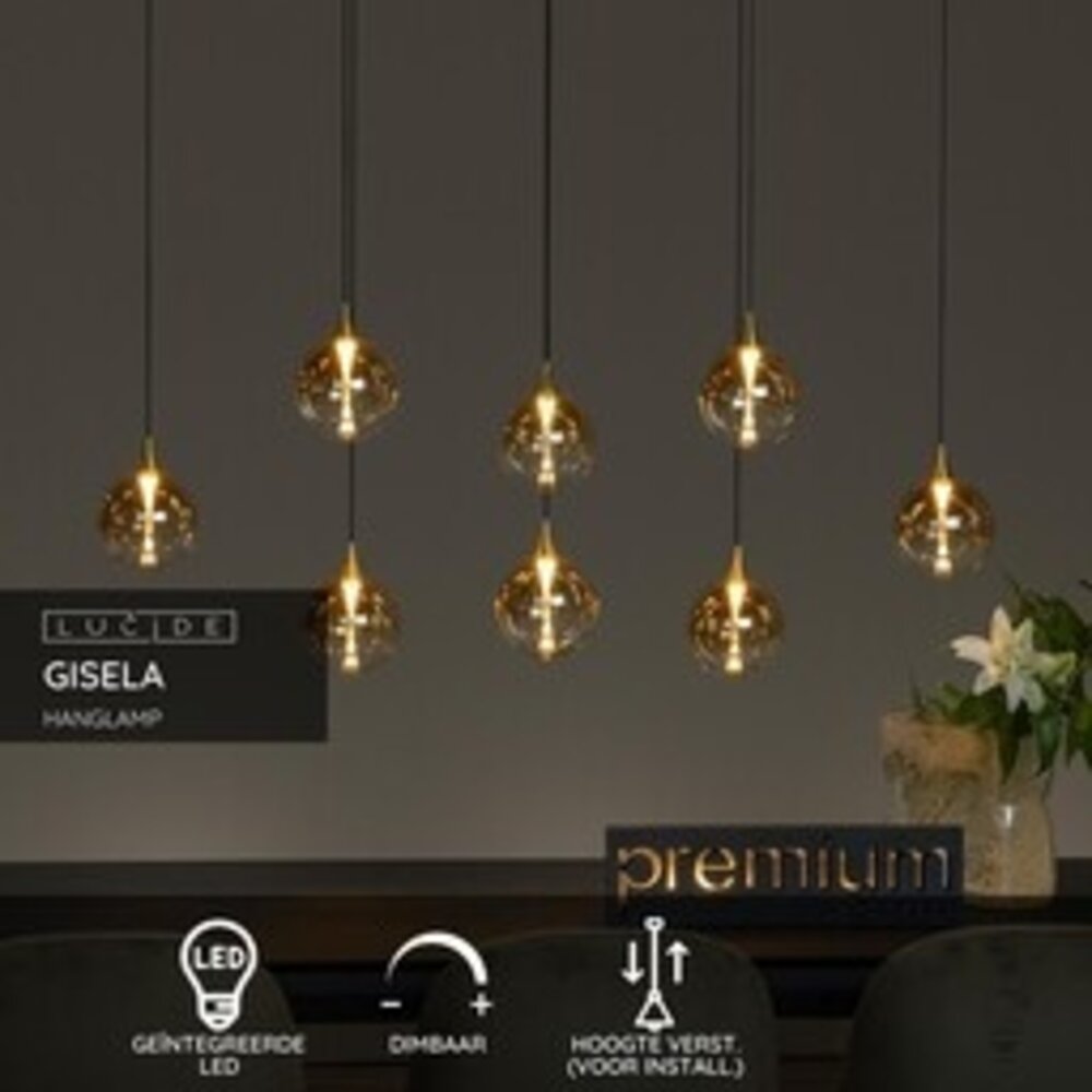 Lucide LED-Beleuchtung  LED Hanglampe – 8×3,9W – 2700K – Dimmbar – 230V – Amber Glas – Höhenverstellbar
