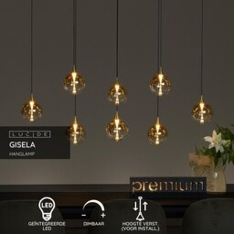 Lucide LED-Beleuchtung  LED Hanglampe – 8×3,9W – 2700K – Dimmbar – 230V – Amber Glas – Höhenverstellbar