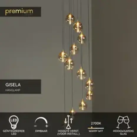 Lucide LED-Beleuchtung  LED Pendelleuchte Gisela Ø61 cm – 12-flammig – Amber Glas – Dimmbar – Premium