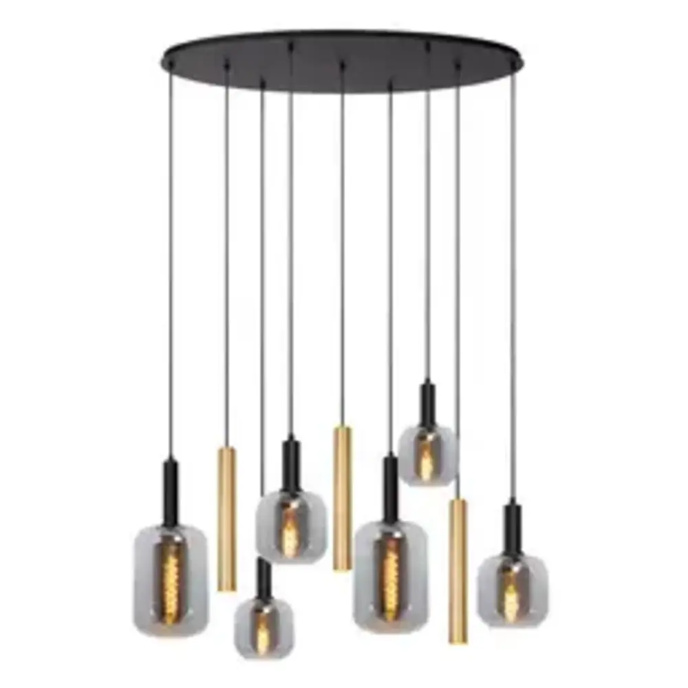 Lucide Beleuchtung: Stilvolle Akzente für ein Modernes Zuhause JOANET Pendelleuchte Oval – 9-flammig – Schwarz Gold Messing – Dimmbar