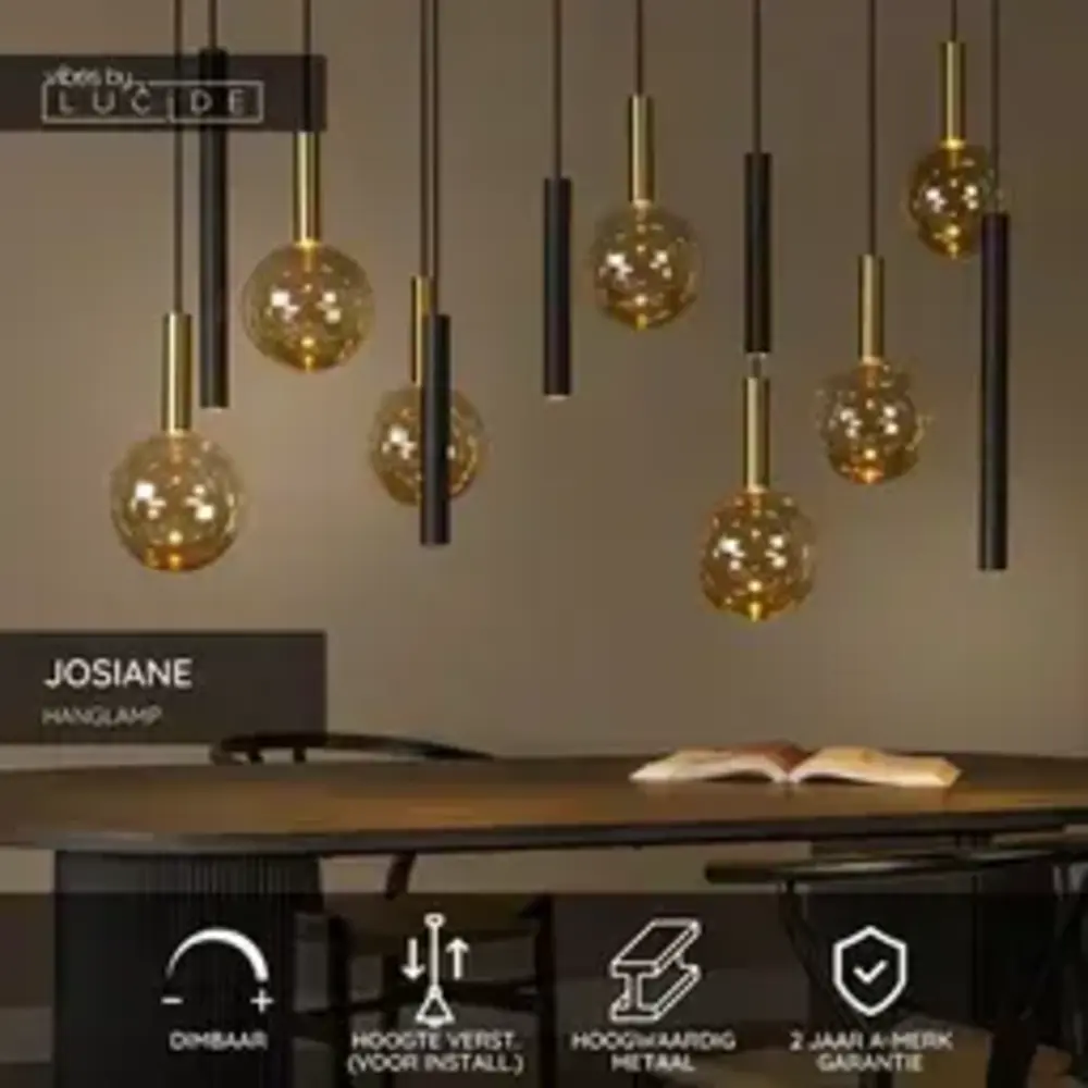 Lucide LED-Beleuchtung  JOSIANE Pendelleuchte – Schwarz / Amber – 7×G9 + 5×GU10 – Dimmbar