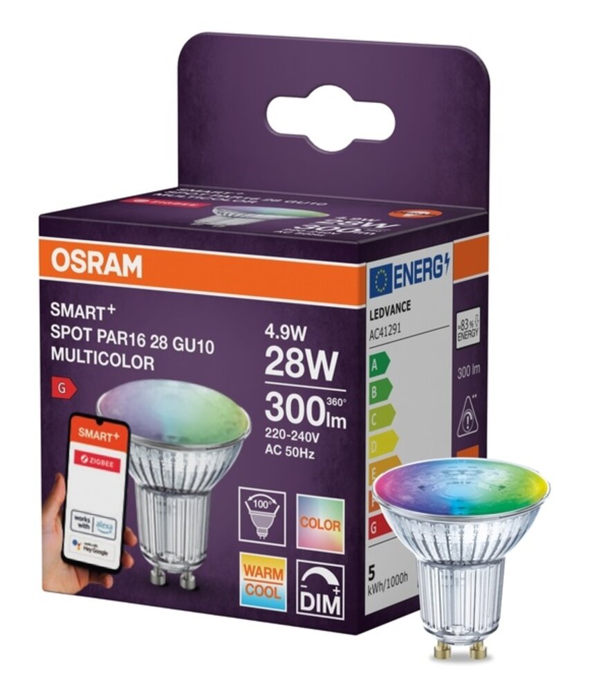Osram Smart+ Zigbee LED Spot GU10 4,9W 420lm - 827-865 Tunable White + RGB | Zigbee dimmbar - Ersetzt 40W
