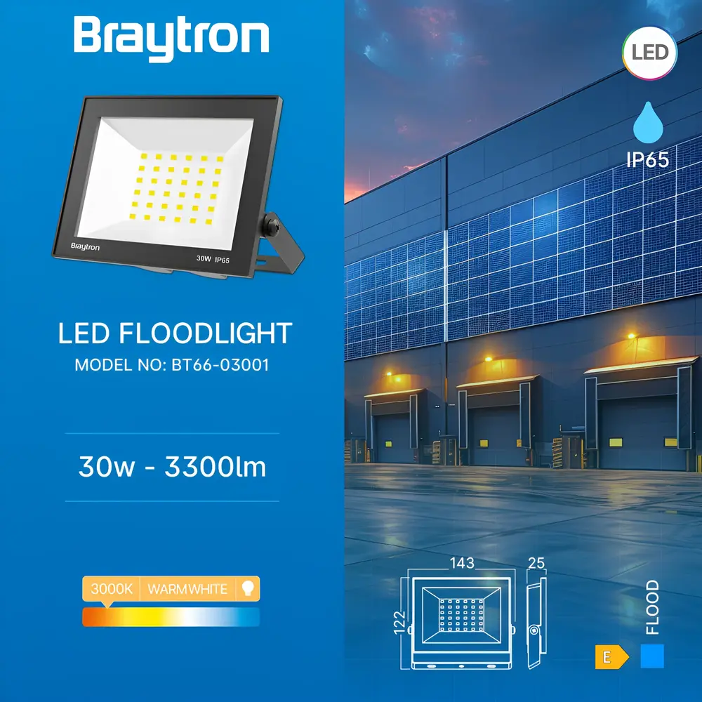 Brayton LED Flutlicht 30W - 3000K | 3300 Lumen - IP65 Warmweiß Außenstrahler