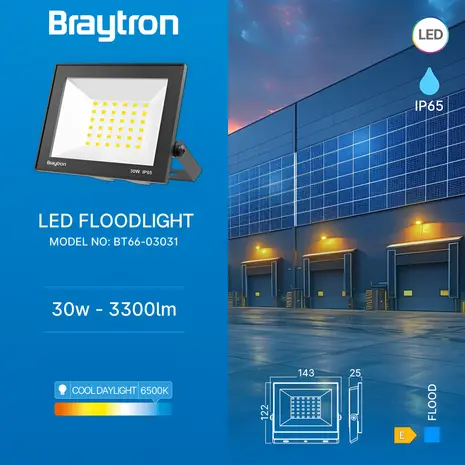 Brayton LED Flutlicht 30W - 6500K | 3300Lumen - IP65 Kaltweiß Außenstrahler