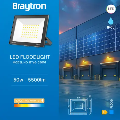 Brayton LED Flutlicht 50W - 3000K |5500 Lumen - IP65  Warmweiß Außenstrahler