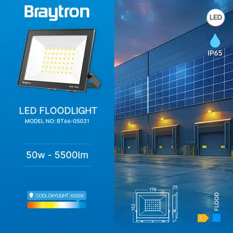 Brayton LED Flutlicht 50W - 6500K | 5500 Lumen - IP65 Kaltweiß Außenstrahler