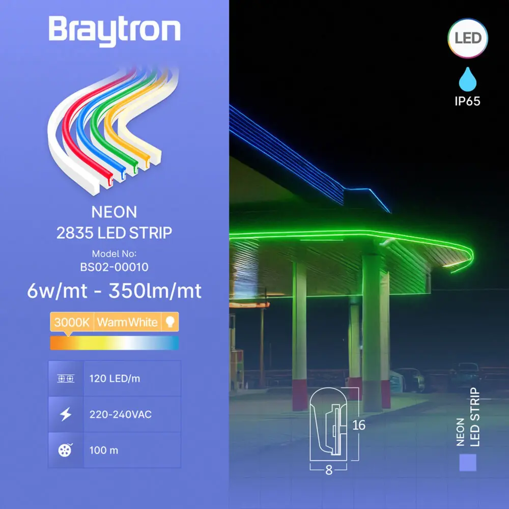 Brayton LED-Streifen – 100 m – 230 V AC – 6 W – 350 lm/m – 3000 K – Neon – IP65 Brayton LED-Streifen – 100 m – 230 V AC – 6 W – 350 lm/m – 3000 K – Neon – IP65