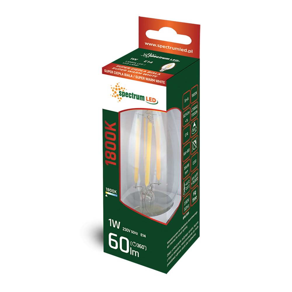 Spectrum LED-Fadenlampe – E14 C35 – 1 W – 1800 K sehr warmweißes Licht