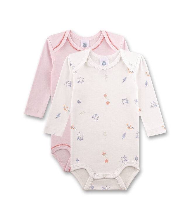 Sanetta Mädchen Body 2er Pack langarm Rosa und Weiß mit Vögeln