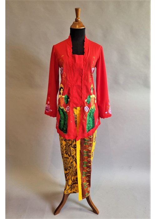 Kebaya lukis rood met bijpassende sarong