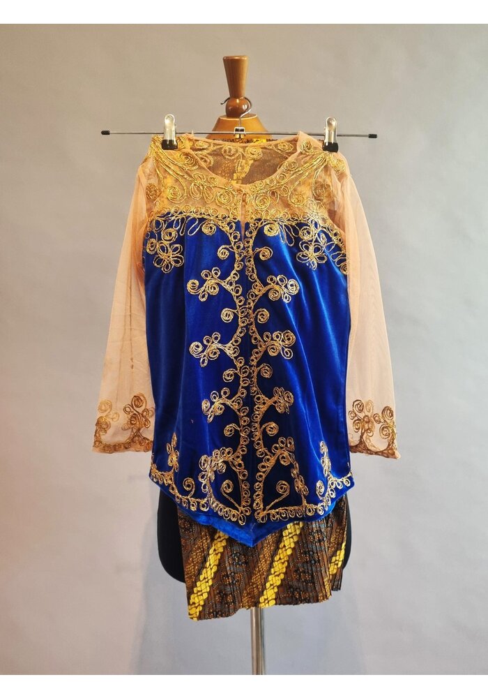 Kinder kebaya blauw & goud met bijpassende rok plissé