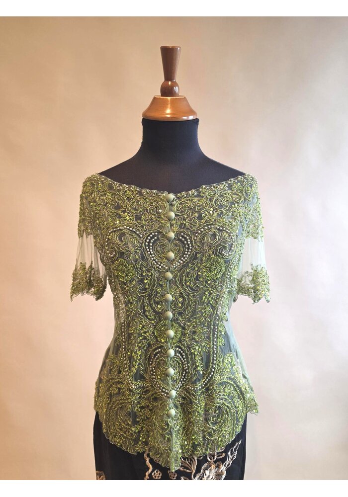 Kebaya glamour salie groen kortemouw met geborduurde rok