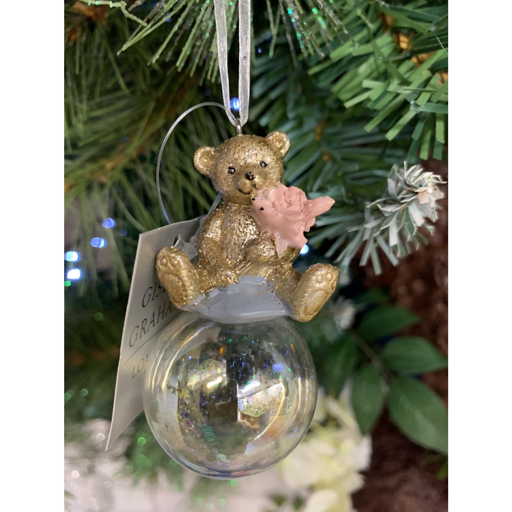 Gisela Graham Gold Resin Teddy with Flower on Bubble Hanging Decoration