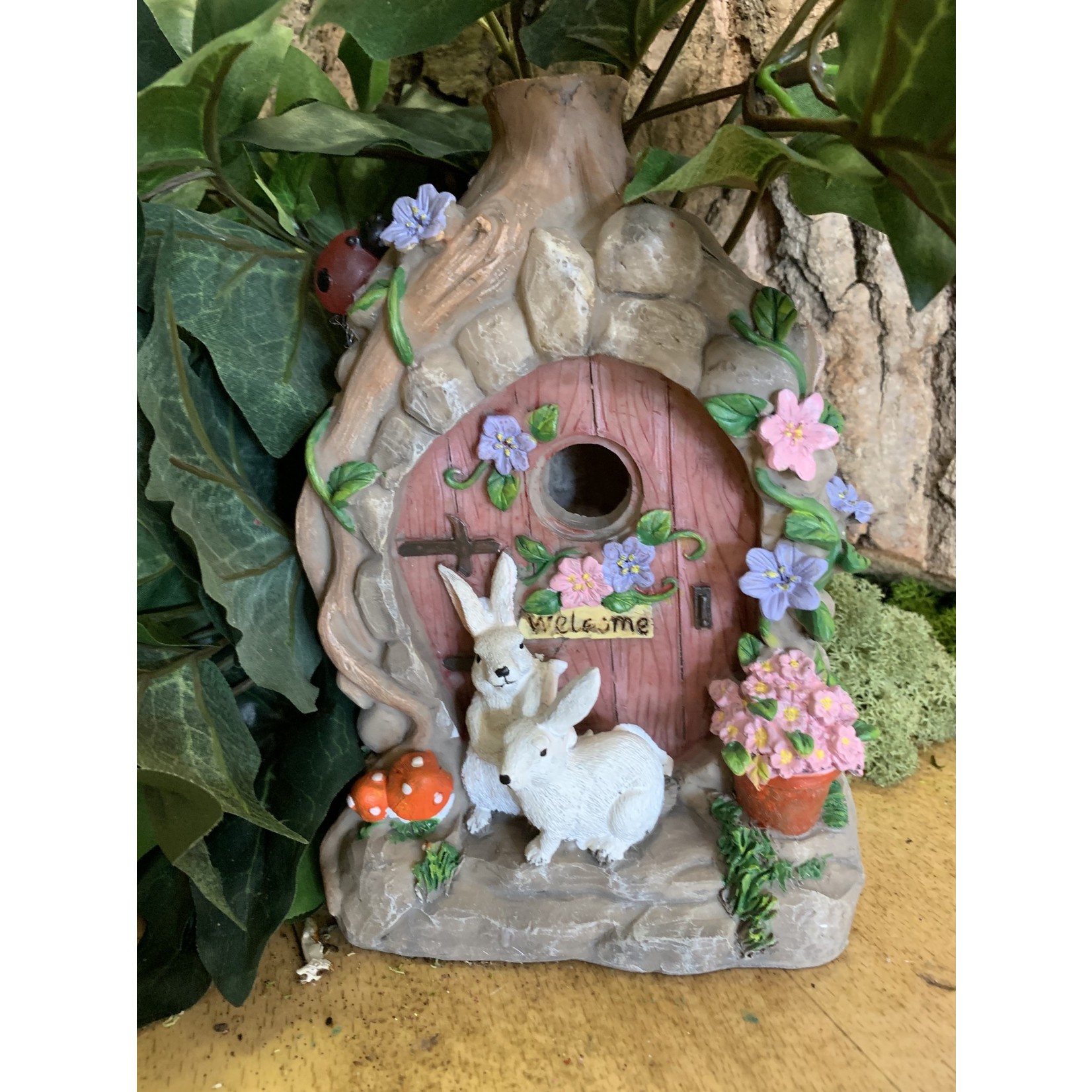 Solar Fairy Door with White Bunnies