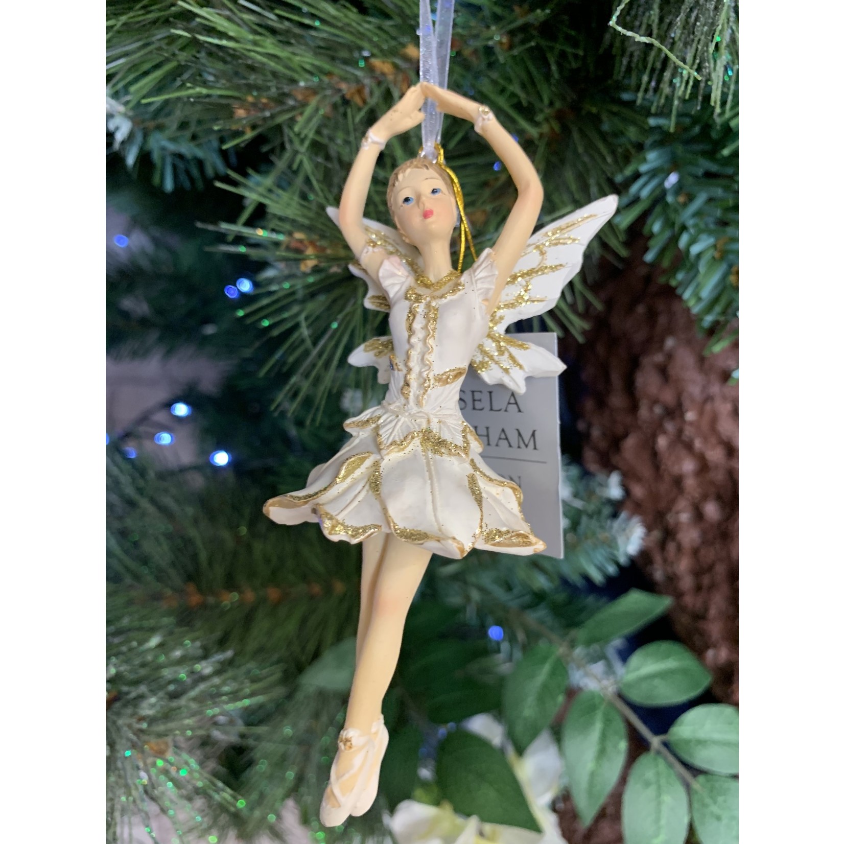 Gisela Graham Resin Cream & Gold Ballerina Fairy with Arms Up Hanging Decoration