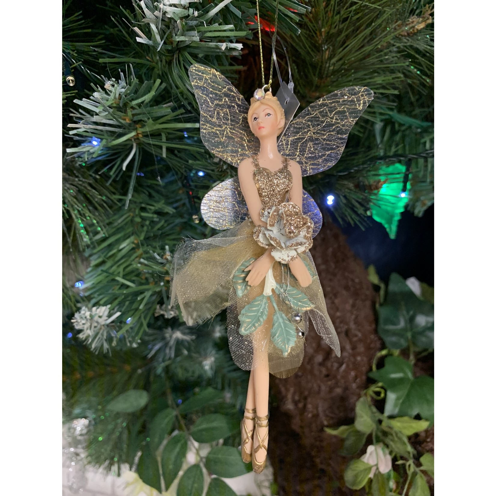 Gisela Graham Resin & Fabric Cream & Gold Fairy with Rose Arms Down Hanging Decoration