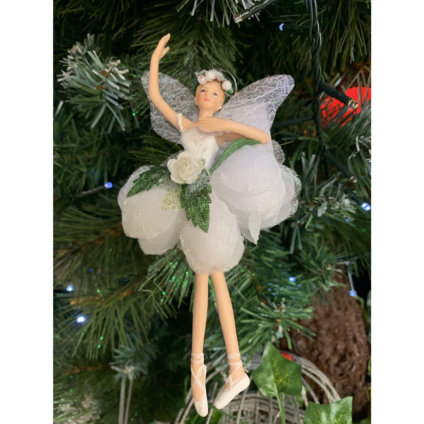 Gisela Graham White & Green Hellebore Fairy Arms Up Hanging Decoration