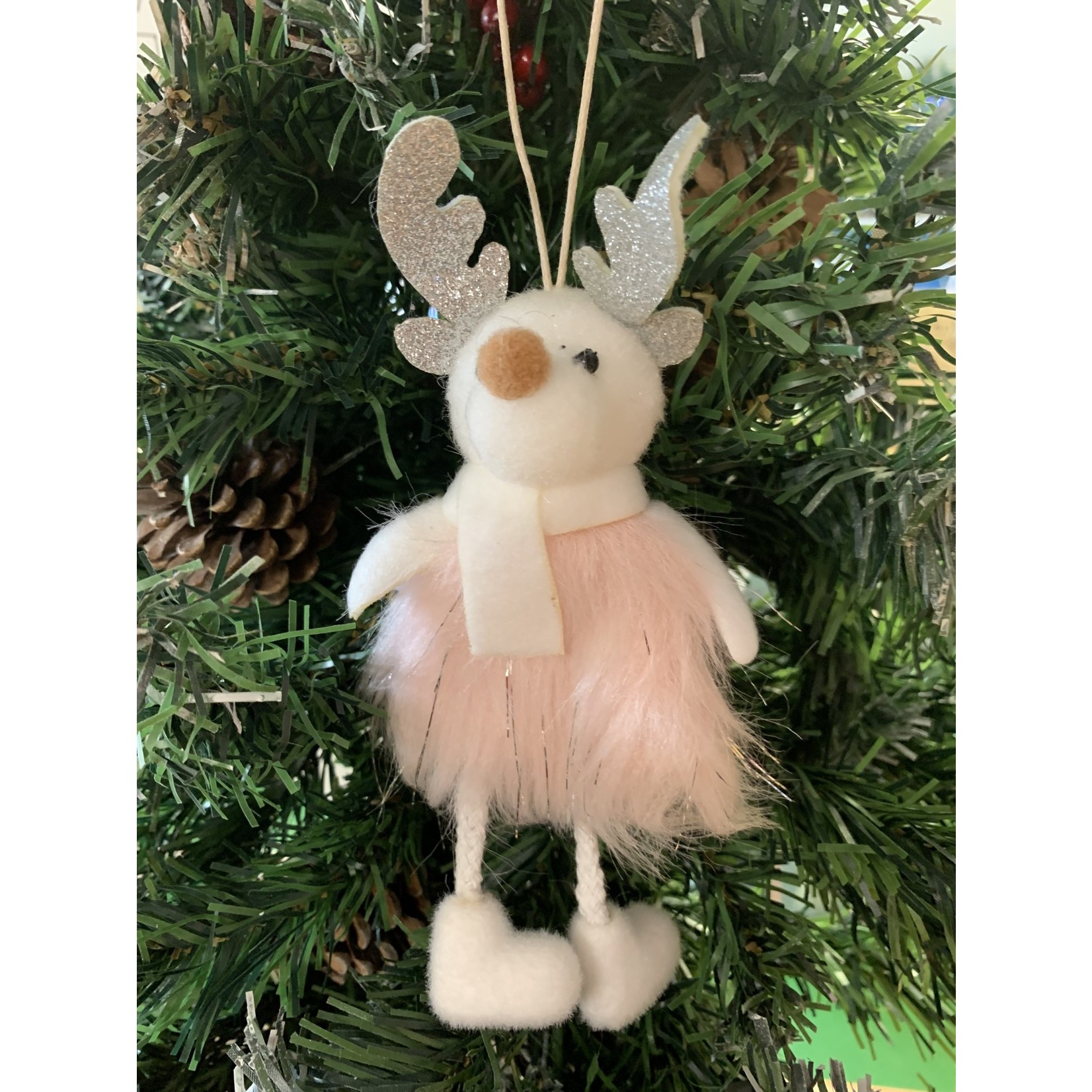 Gisela Graham Faux Pink & White Fur Reindeer Tree Decoration