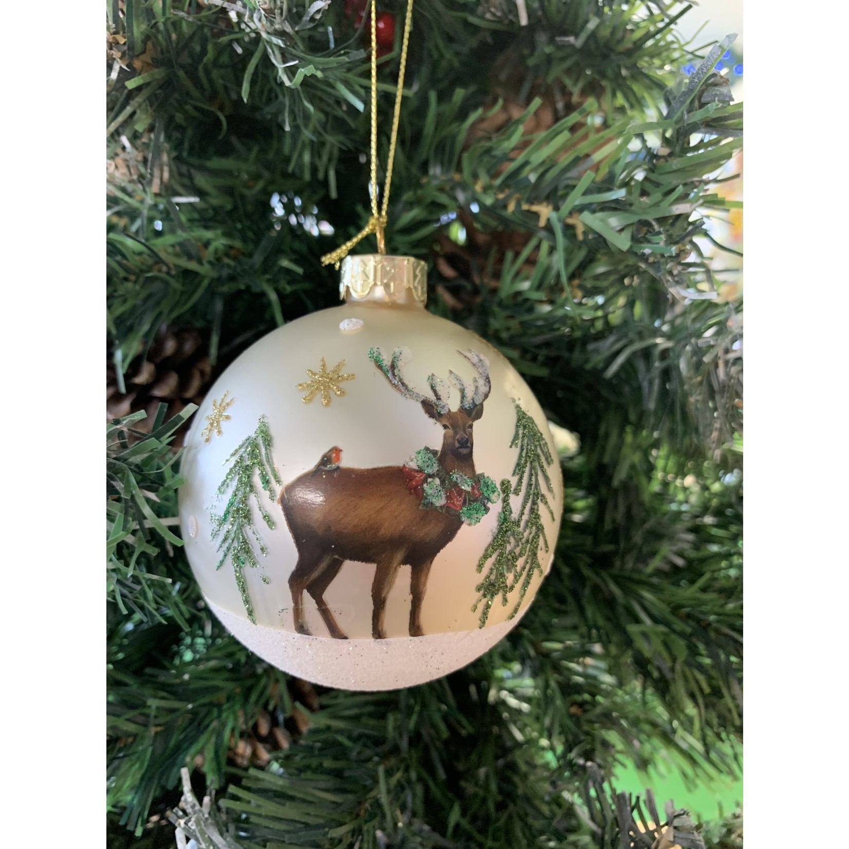 Matt Cream Glass Bauble with Stag & Tree Decoration