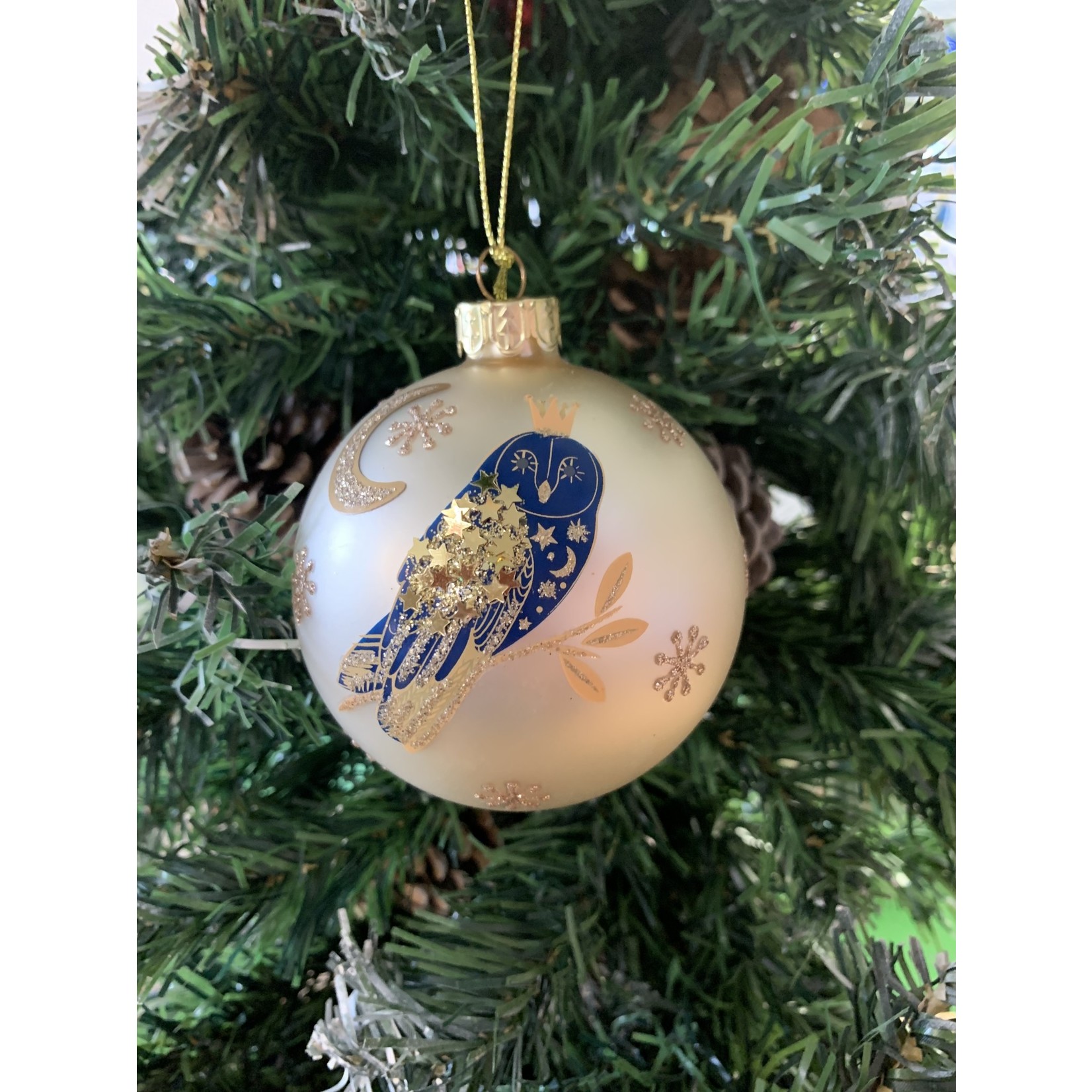 Matt Cream Glass Bauble with Blue Owl Tree Decoration