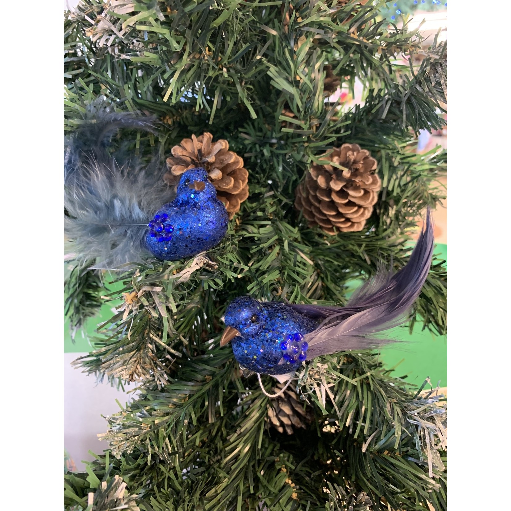 Blue Glitter Feather Tailed Bird on Clip Decoration