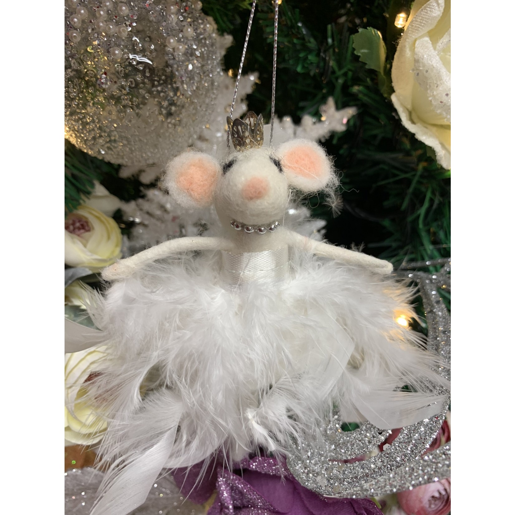 Gisela Graham Wool Mix Feather White Mouse Decoration