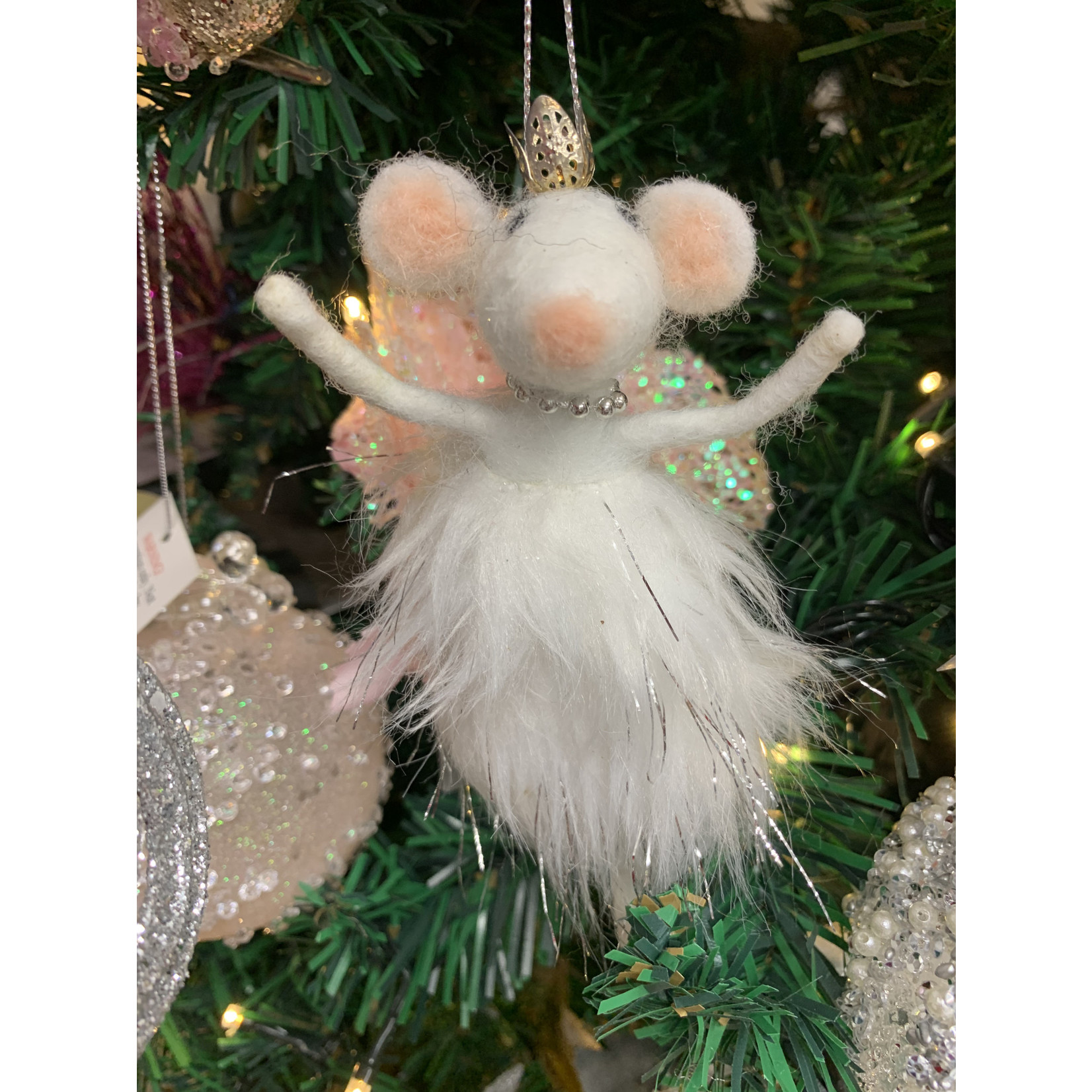 Gisela Graham Wool Mix Fluffy White Mouse Decoration