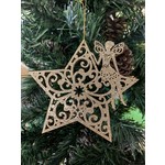 Gold Glitter Wooden Star with Fairy Tree Decoration