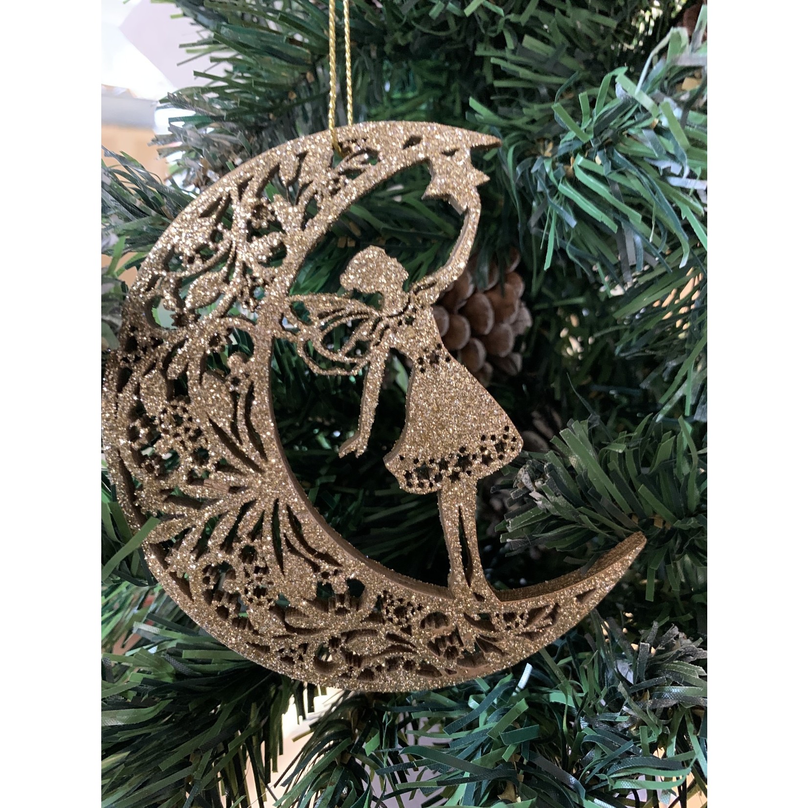 Gold Glitter Wooden Moon with Fairy Tree Decoration