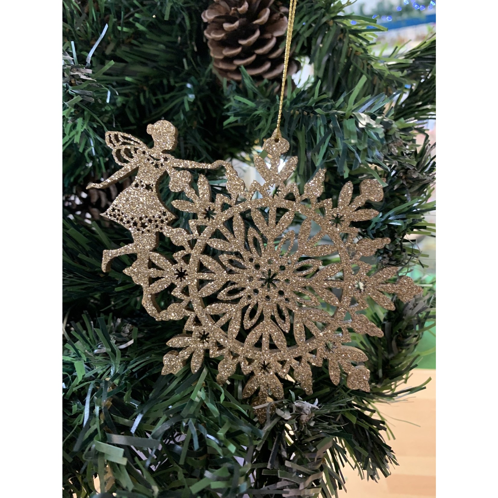 Gold Glitter Wooden Snowflake with Fairy Tree Decoration