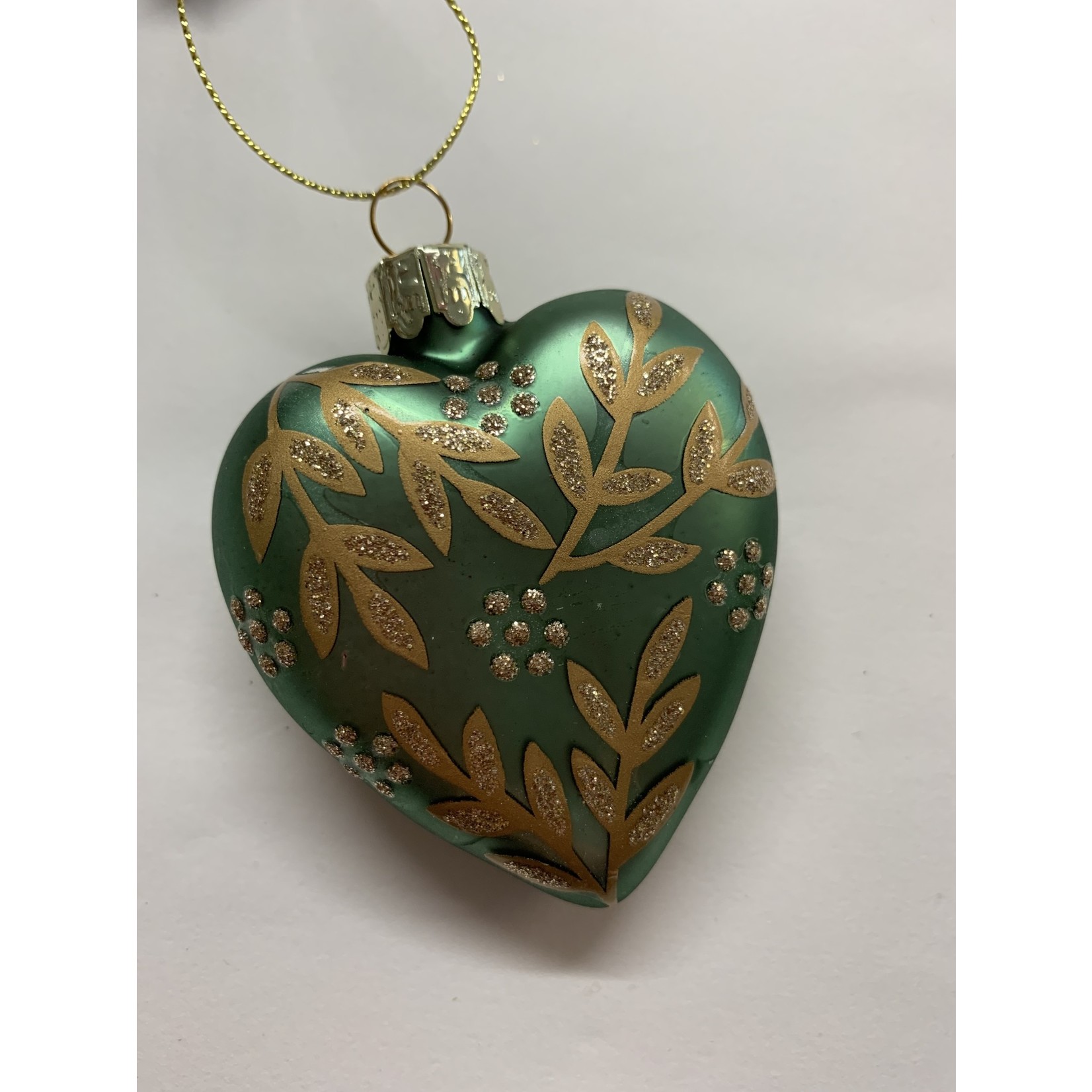 Matt Green Glass Heart With Gold Leaf Spray Hanging Decoration