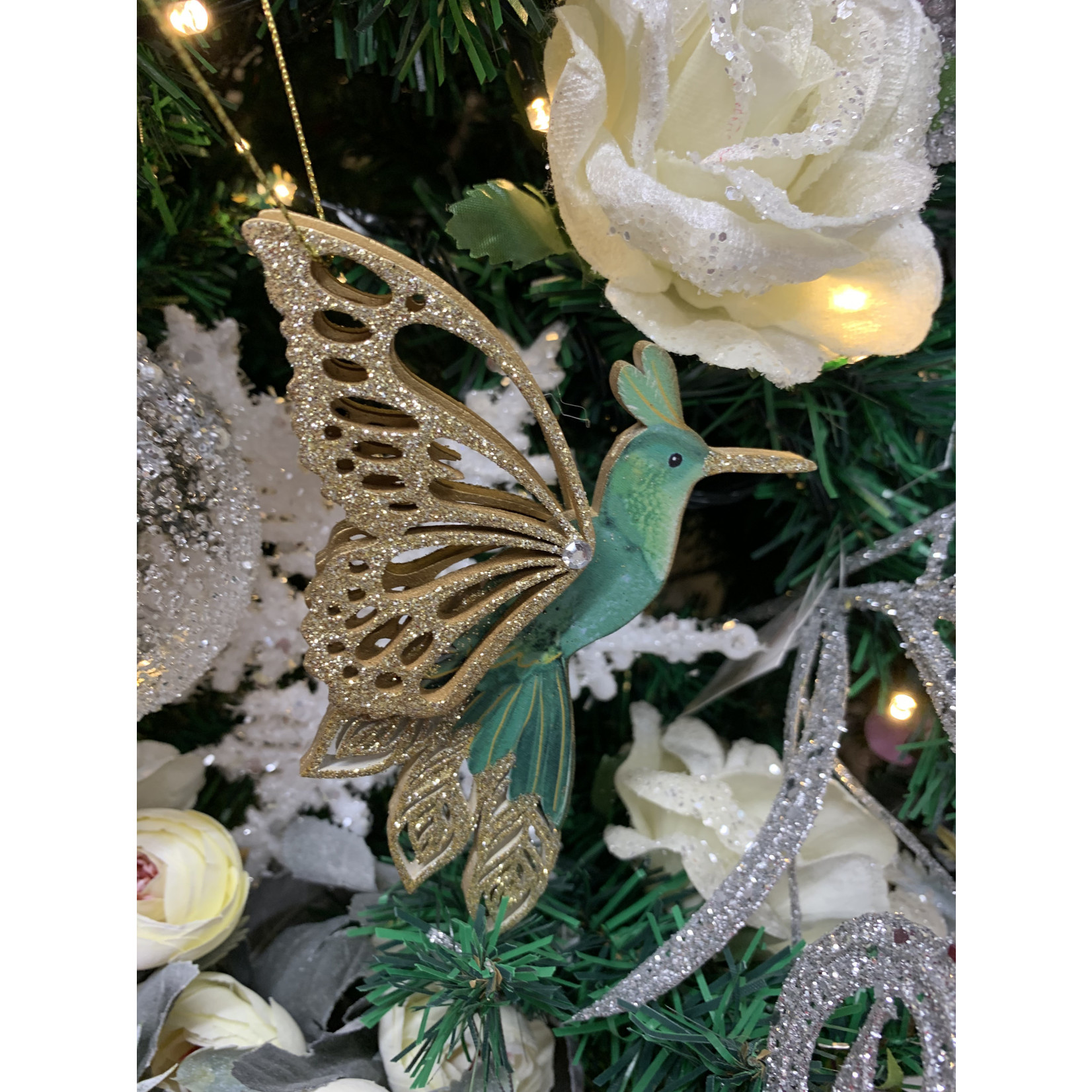 Gisela Graham Green Wood Hummingbird with Gold Glitter Wings