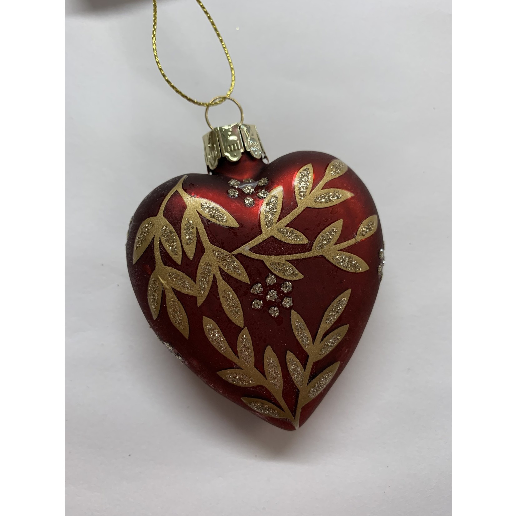 Matt Red Glass Heart With Gold Leaf Spray Hanging Decoration