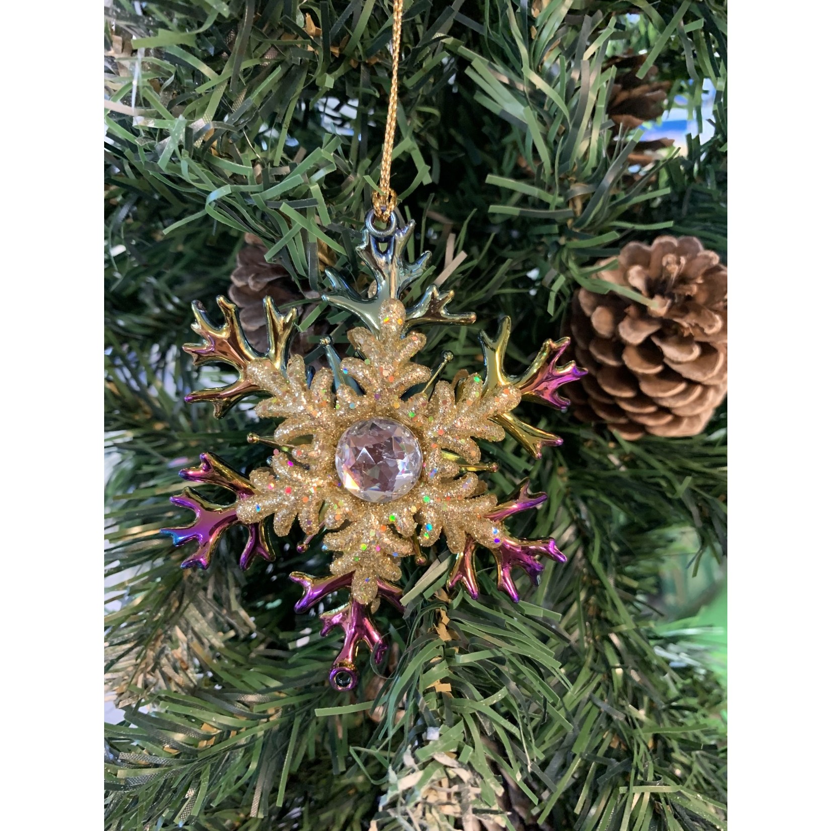 Multi Coloured Peacock & Gold Glitter Snowflake with Jewel Tree Decoration - B