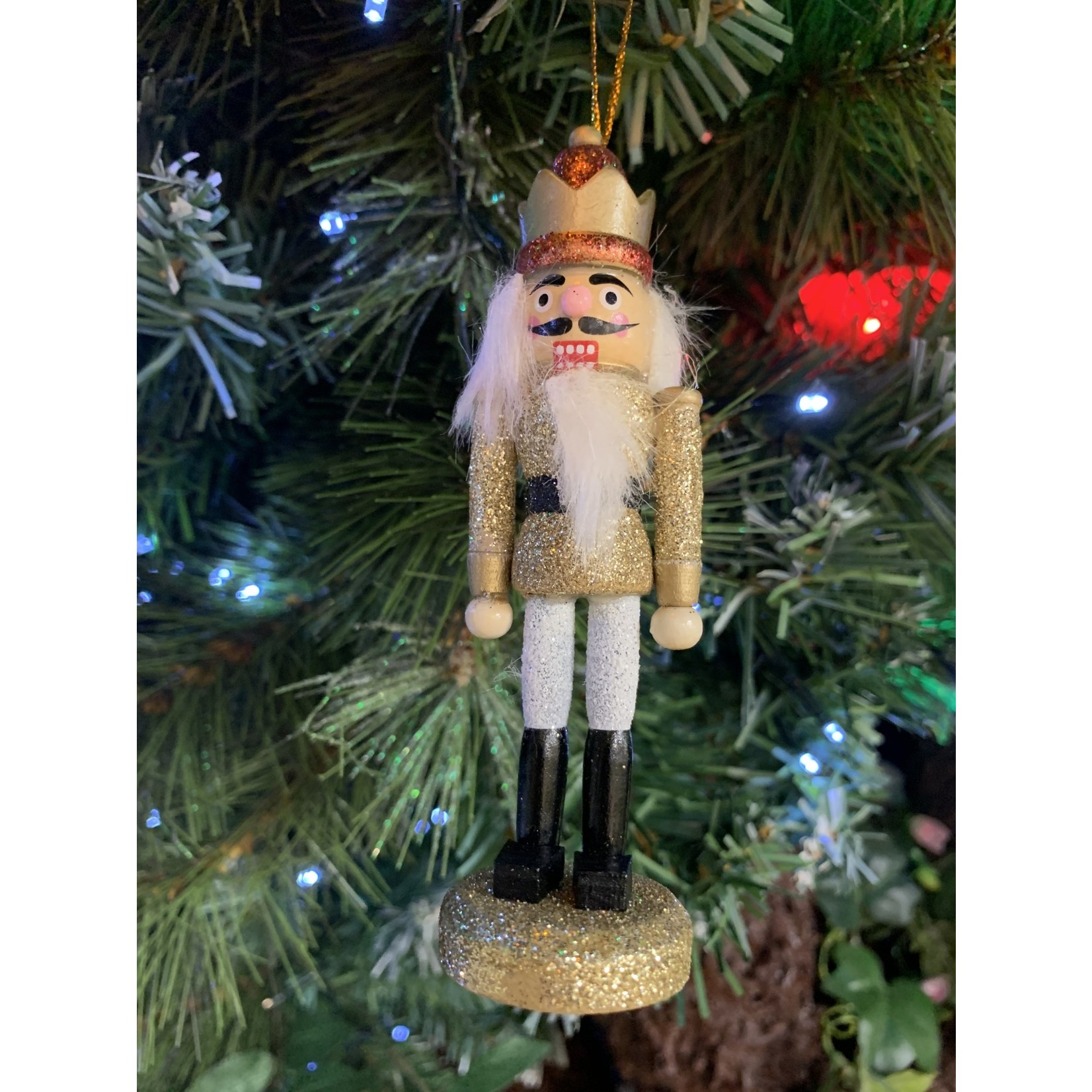 Gisela Graham Glittered Gold & Red Crown Wooden Nutcracker Hanging Decoration