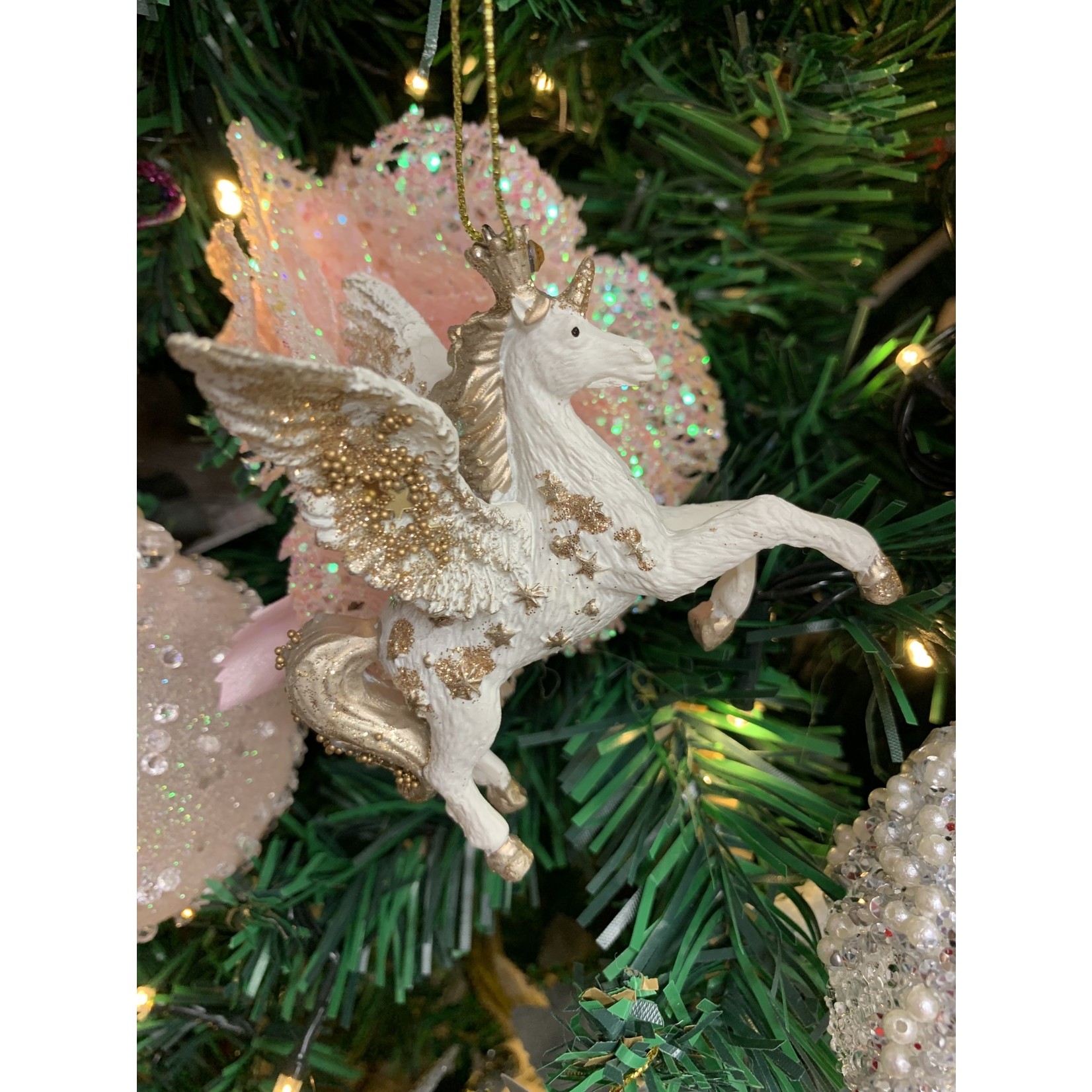 Gisela Graham Gold & Cream Resin Flying Unicorn Hanging Decoration