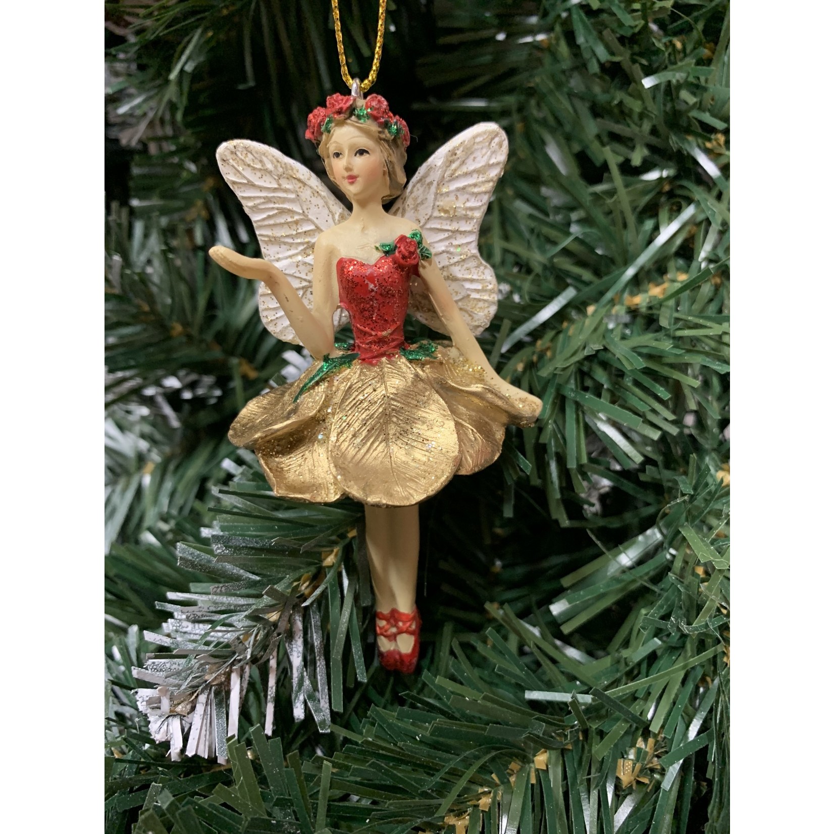 Gisela Graham Resin Red & Gold Fairy - Gold Skirt Arm Up Hanging Decoration