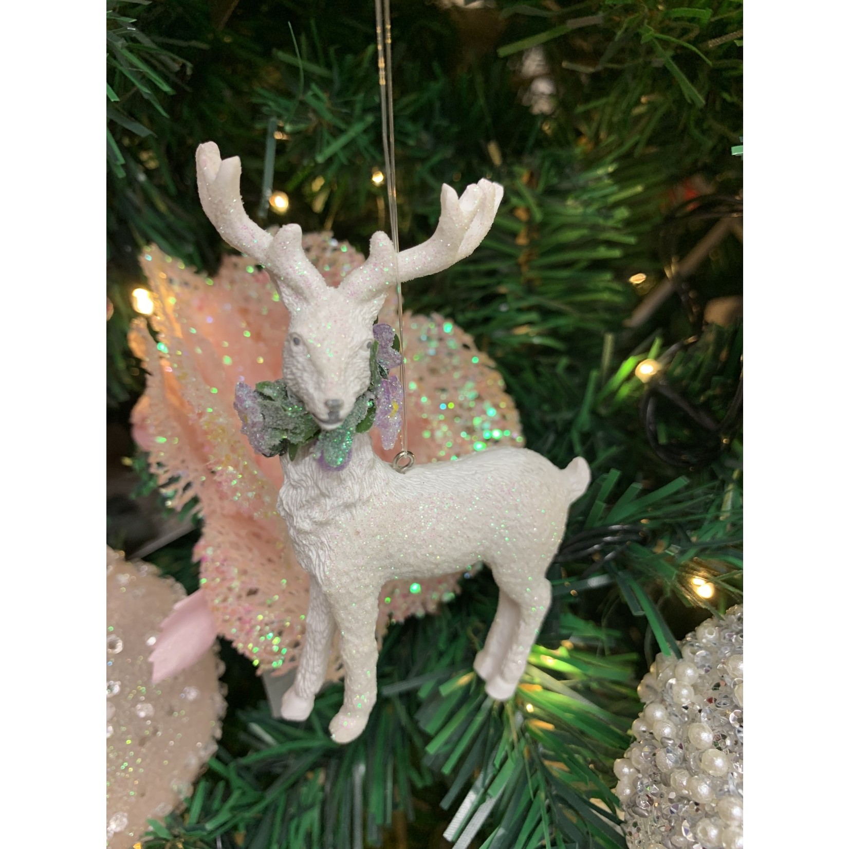 Gisela Graham White Resin Standing Reindeer with Wreath Hanging Decoration